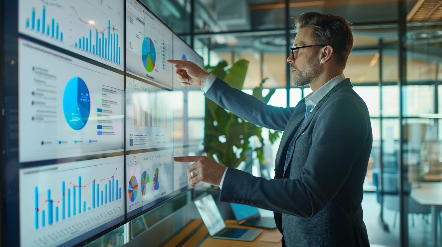 A confident executive presents a glowing online reputation report in an office.