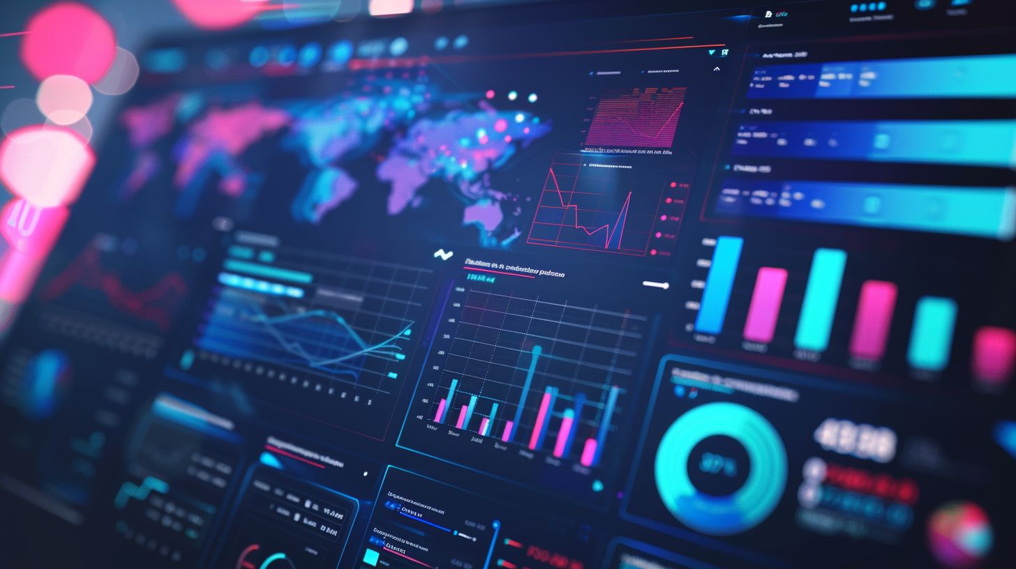 A social media management dashboard featuring vibrant data visualizations.