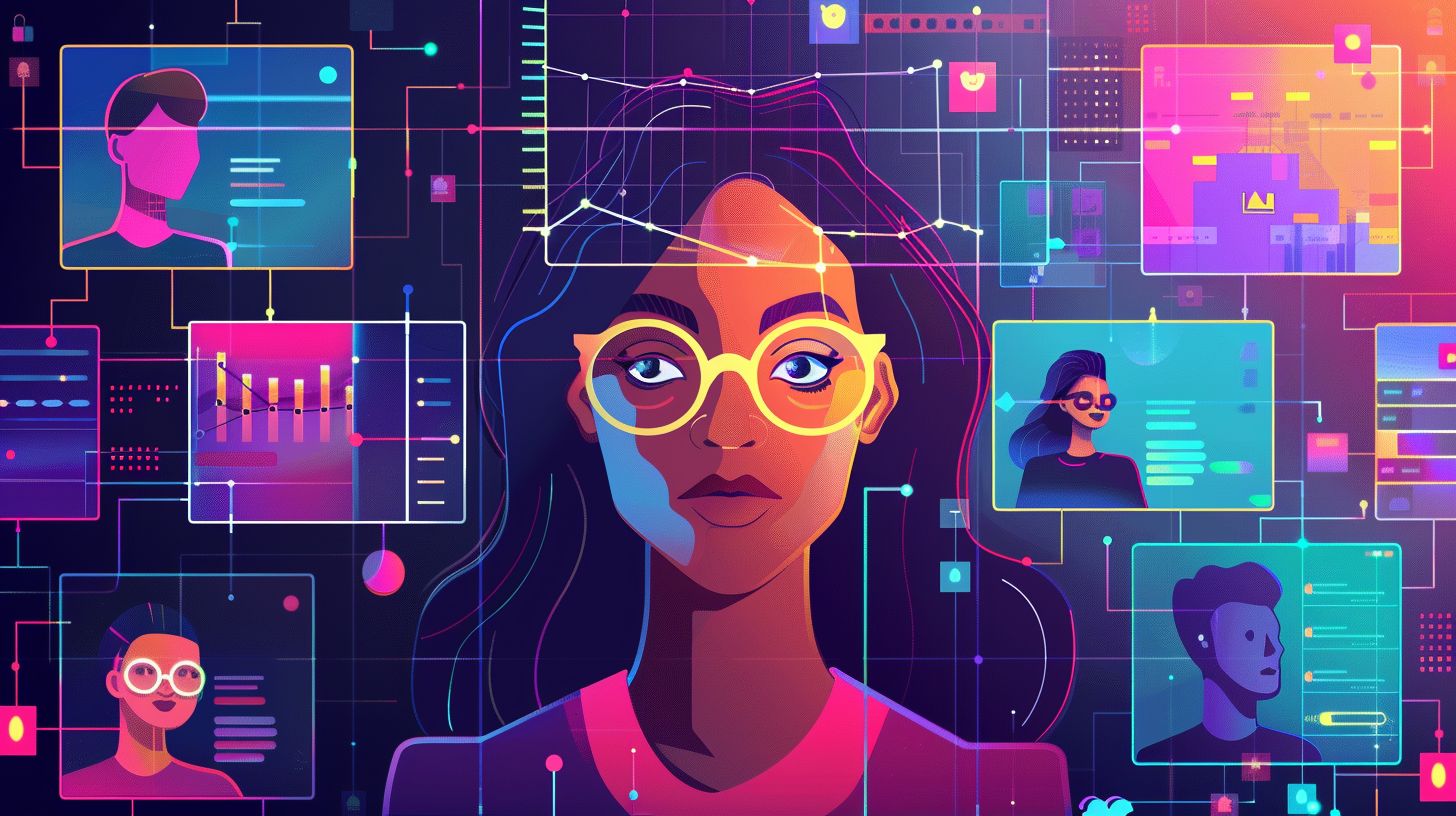 A social media management dashboard featuring vibrant data visualizations.