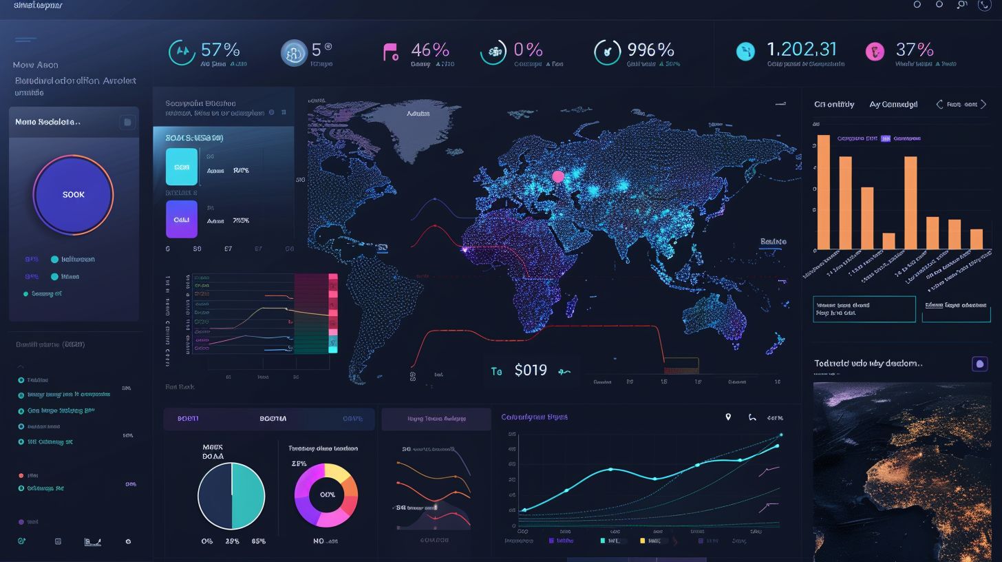 A social media management dashboard featuring vibrant data visualizations.
