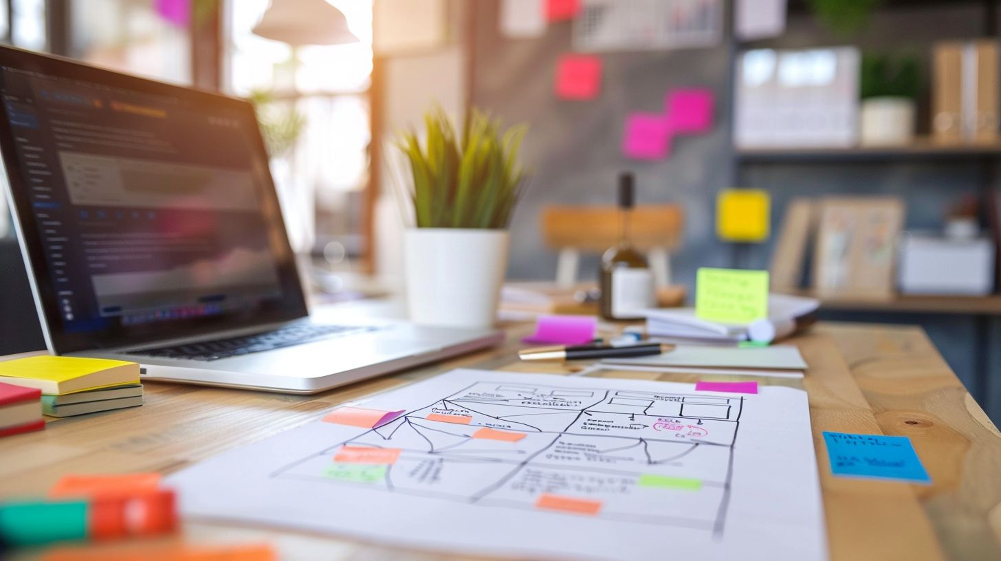 A branding strategy flowchart displayed on a modern office desk. A branding strategy flowchart displayed on a modern office desk.