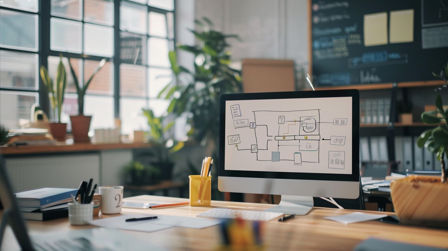A branding strategy flowchart displayed on a modern office desk. A branding strategy flowchart displayed on a modern office desk.