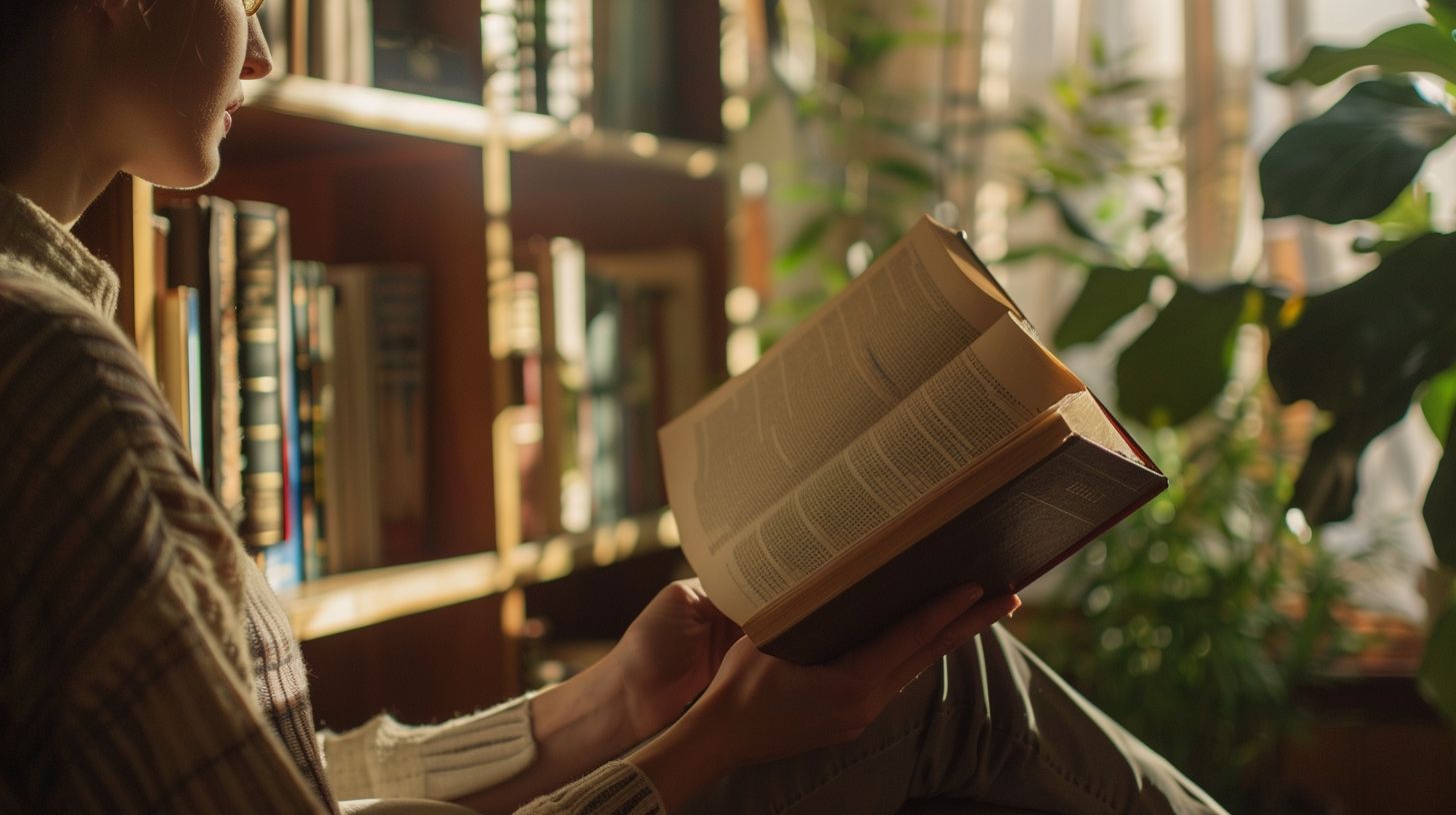 A person is reading a book in a cozy library. A person is reading a book in a cozy library.