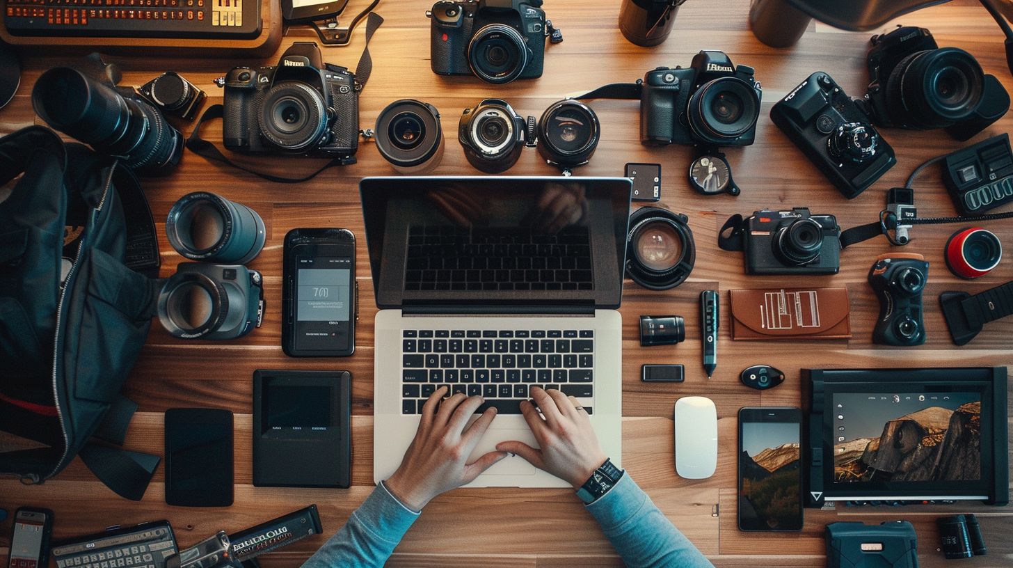 A modern desk with various content marketing tools arranged creatively. A modern desk with various content marketing tools arranged creatively.