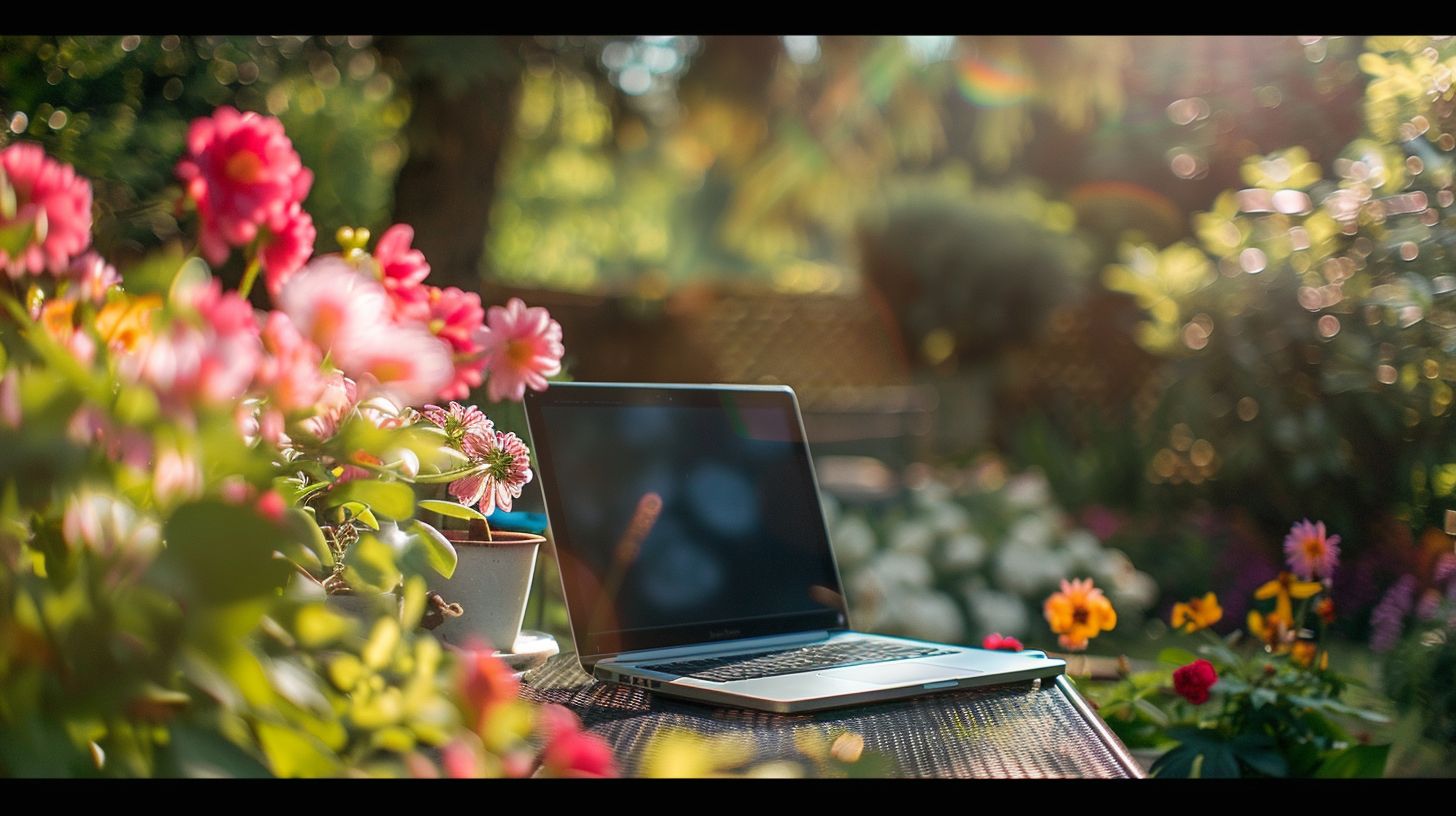 A garden with blooming flowers and an open laptop.
