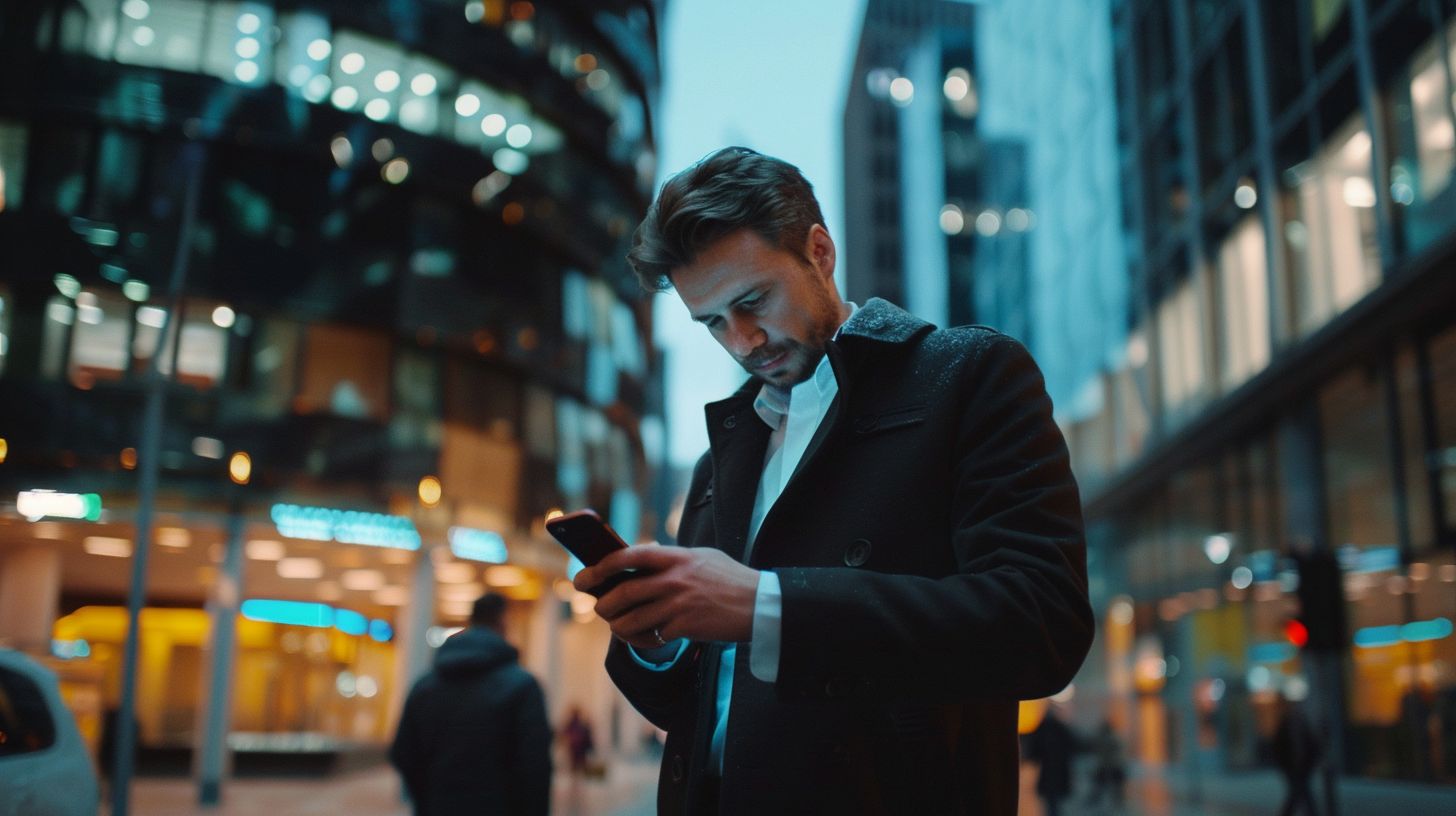 A professional in business attire checking emails on a smartphone.