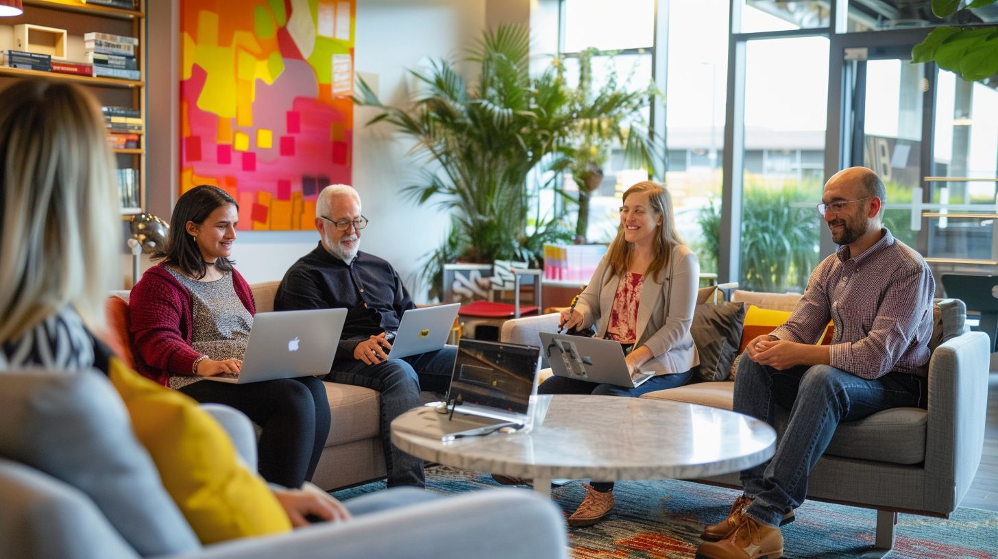 A diverse group of people reading emails in a modern office.