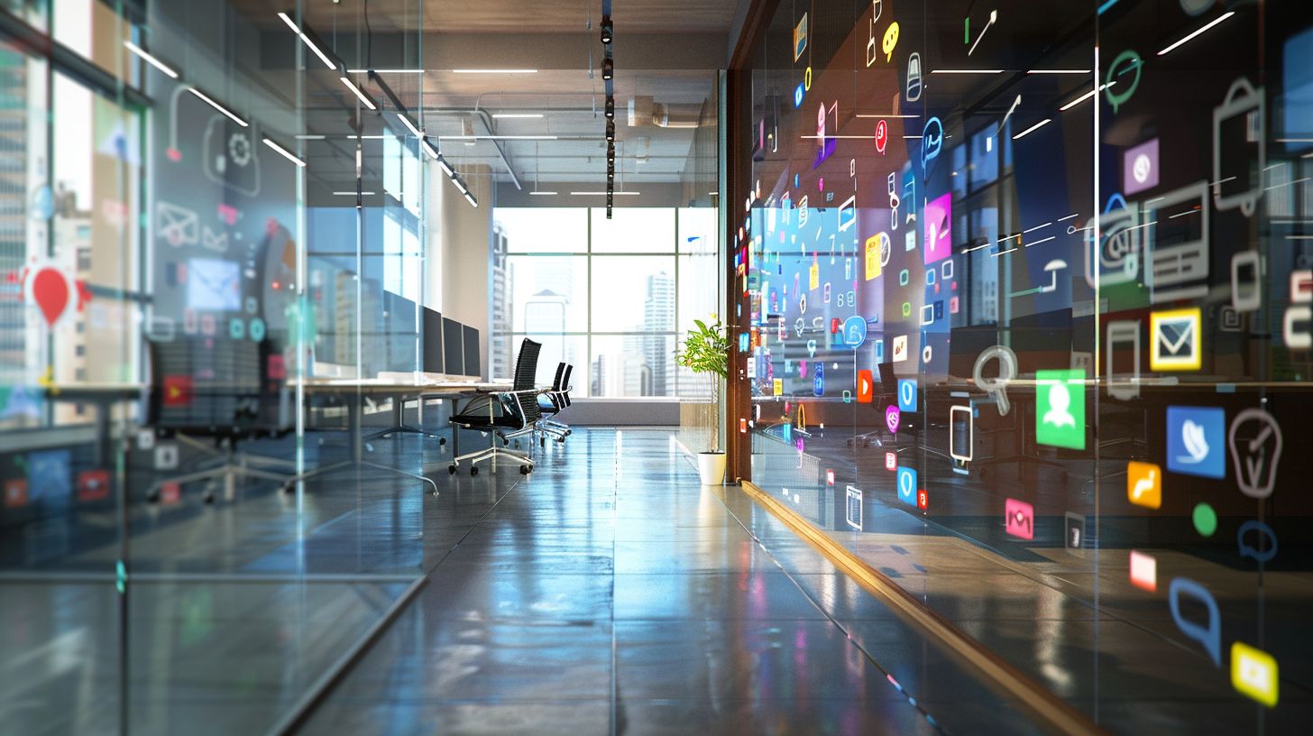A modern office space with vibrant social media icons.
