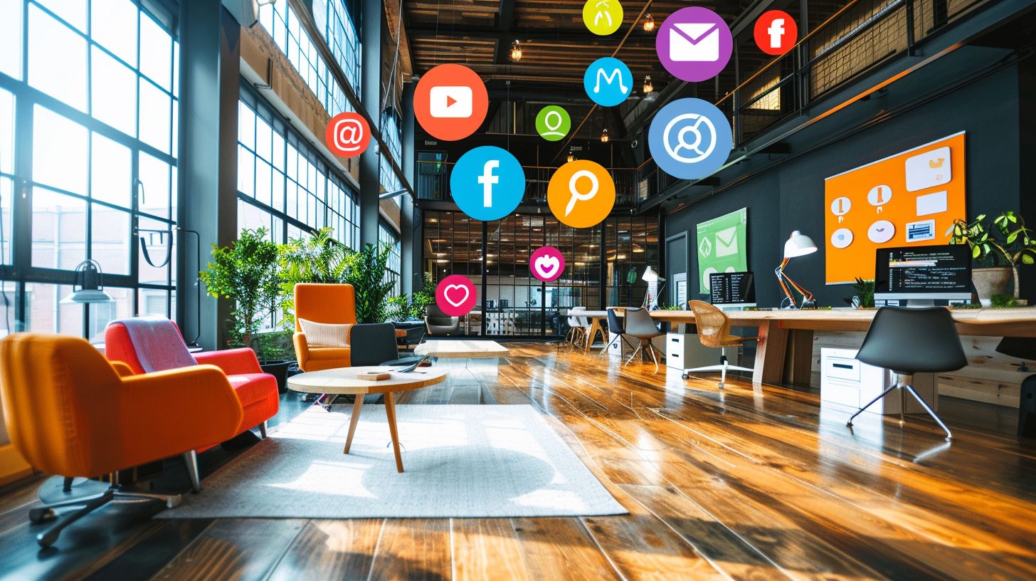 A modern office space with vibrant social media icons.