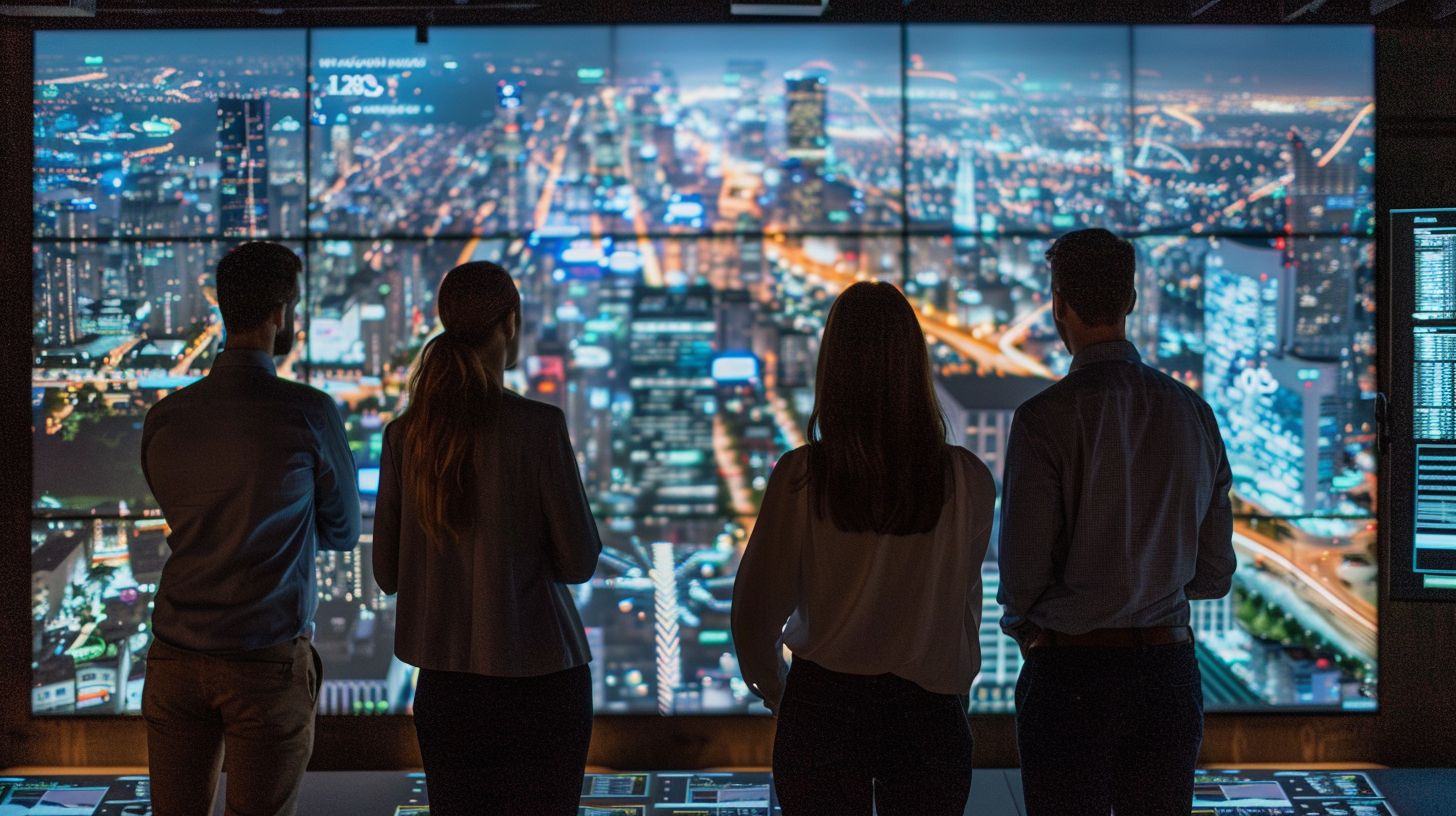 A diverse group of people reviewed computer data charts while taking cityscape photos. A diverse group of people reviewed computer data charts while taking cityscape photos.