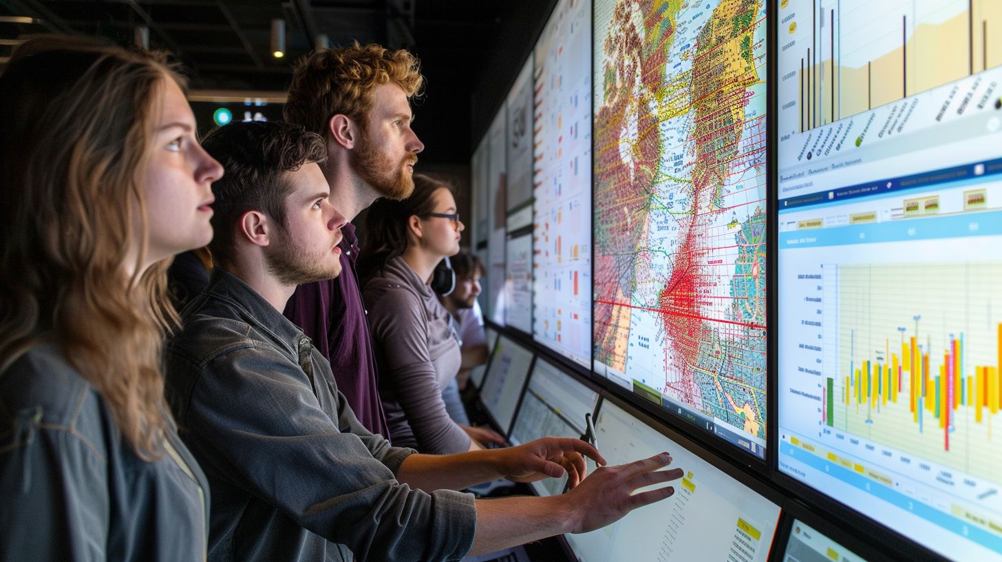 A diverse group of people reviewed computer data charts while taking cityscape photos. A diverse group of people reviewed computer data charts while taking cityscape photos.