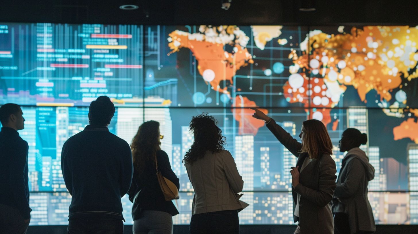 A diverse group of people reviewed computer data charts while taking cityscape photos. A diverse group of people reviewed computer data charts while taking cityscape photos.