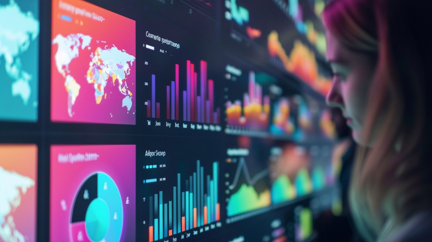 A social media analytics dashboard with colorful charts and graphs. A social media analytics dashboard with colorful charts and graphs.