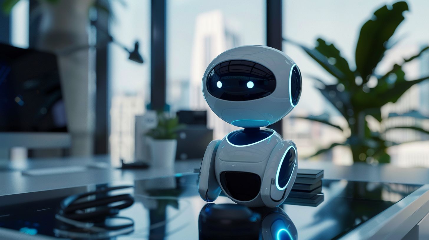 A modern chatbot interface in a sleek, futuristic office setting. A modern chatbot interface in a sleek, futuristic office setting.