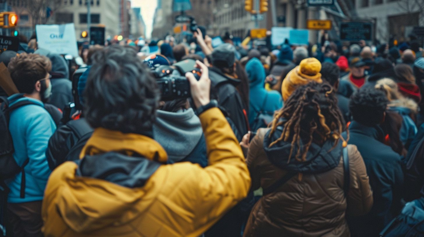 A person stands in a crowd between inbound and outbound signs.
