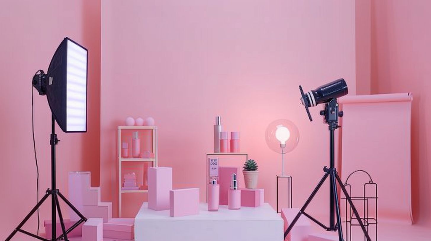 A collection of influencers' products in a modern studio setting. A collection of influencers' products in a modern studio setting.