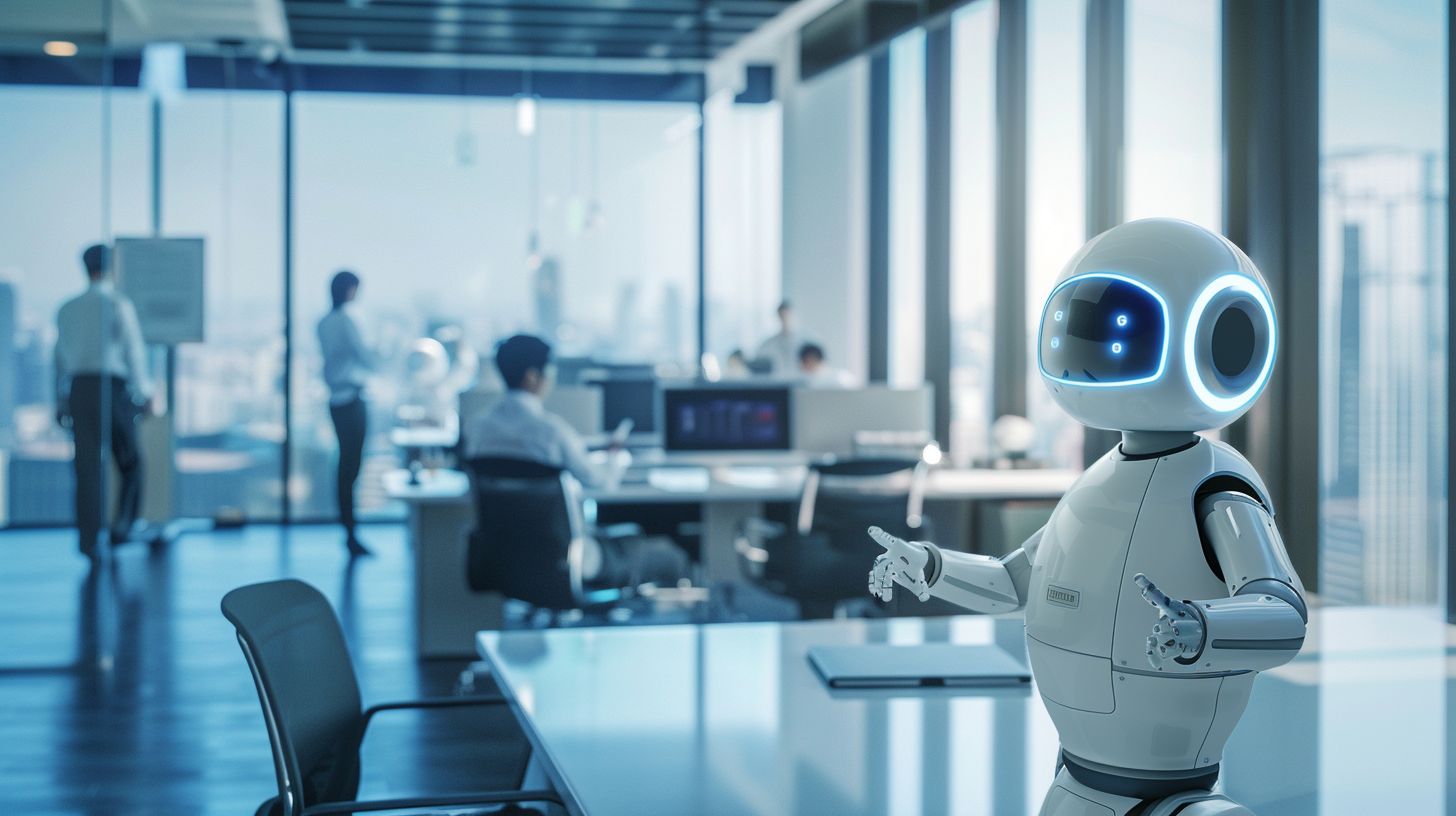 Employees interacting with AI chatbots in a modern office setting. Employees interacting with AI chatbots in a modern office setting.