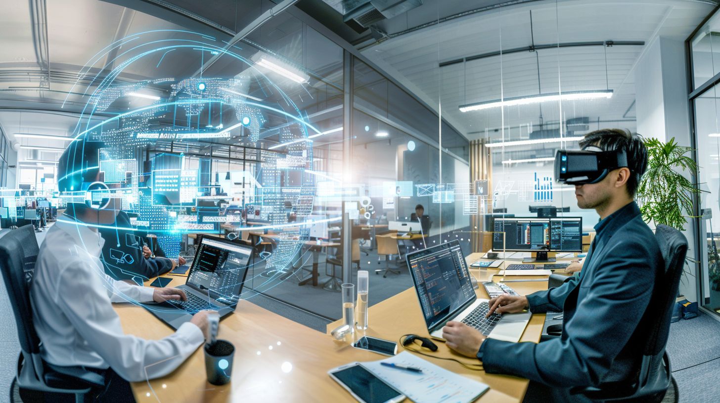 A modern office with people using digital devices in a wide-angle shot.