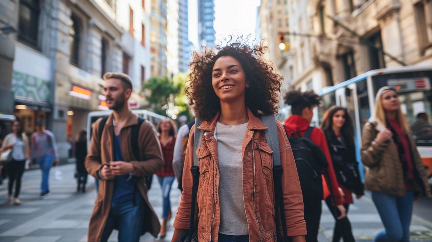 A group of people walking through a busy city street. A group of people walking through a busy city street.