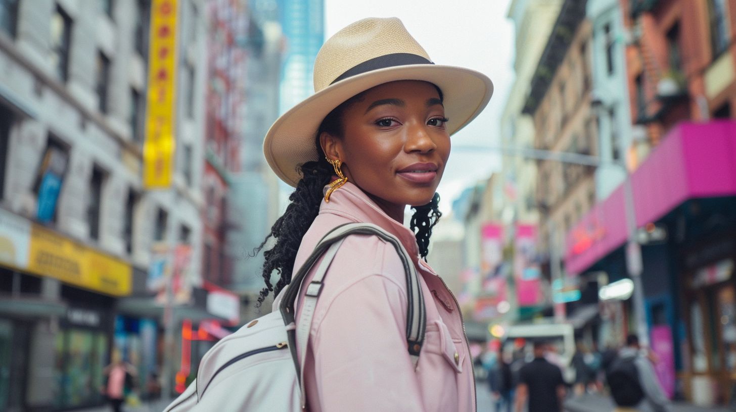 Influencer promoting popular products in a vibrant city for social media. Influencer promoting popular products in a vibrant city for social media.