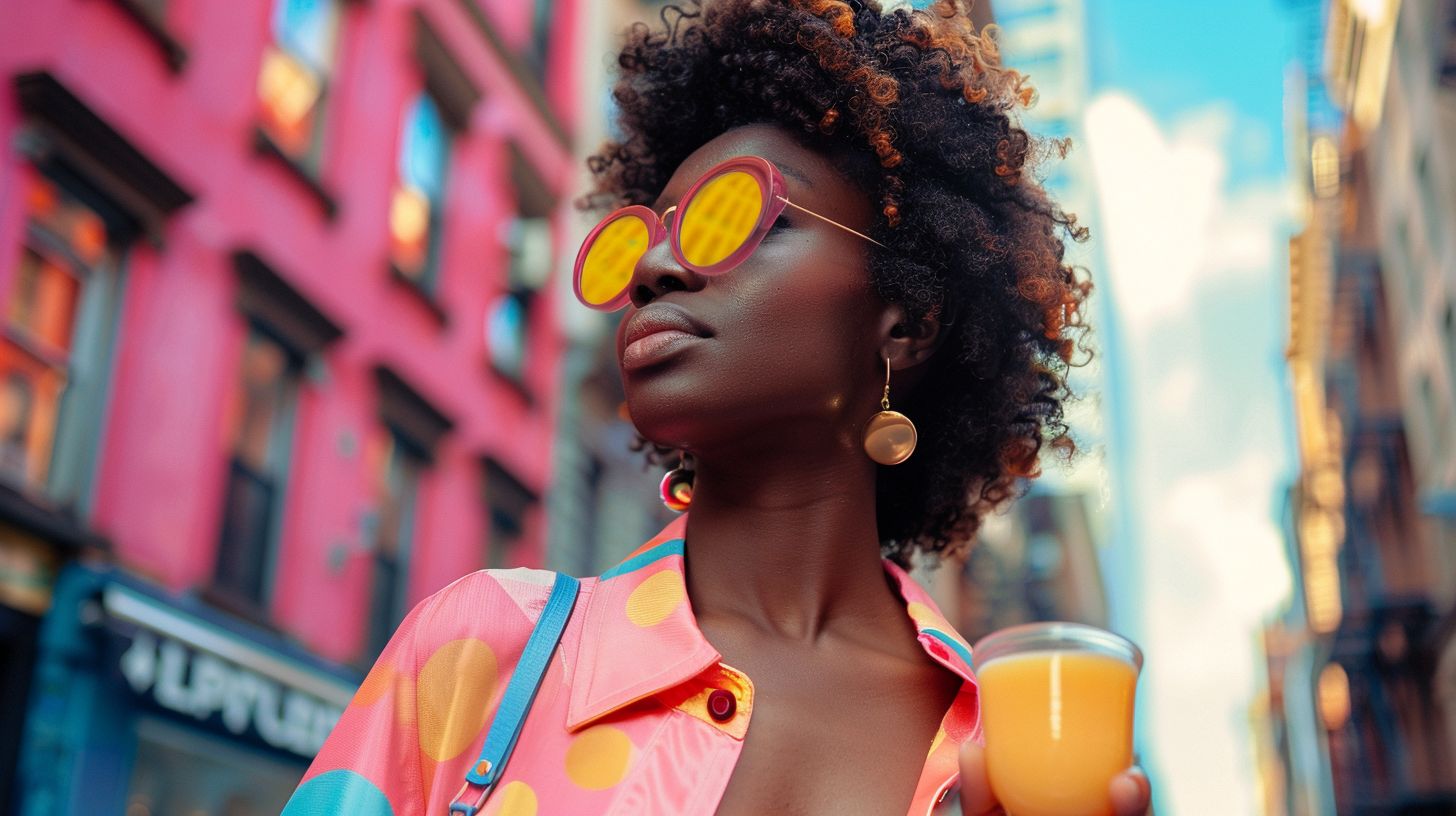 Influencer promoting popular products in a vibrant city for social media. Influencer promoting popular products in a vibrant city for social media.