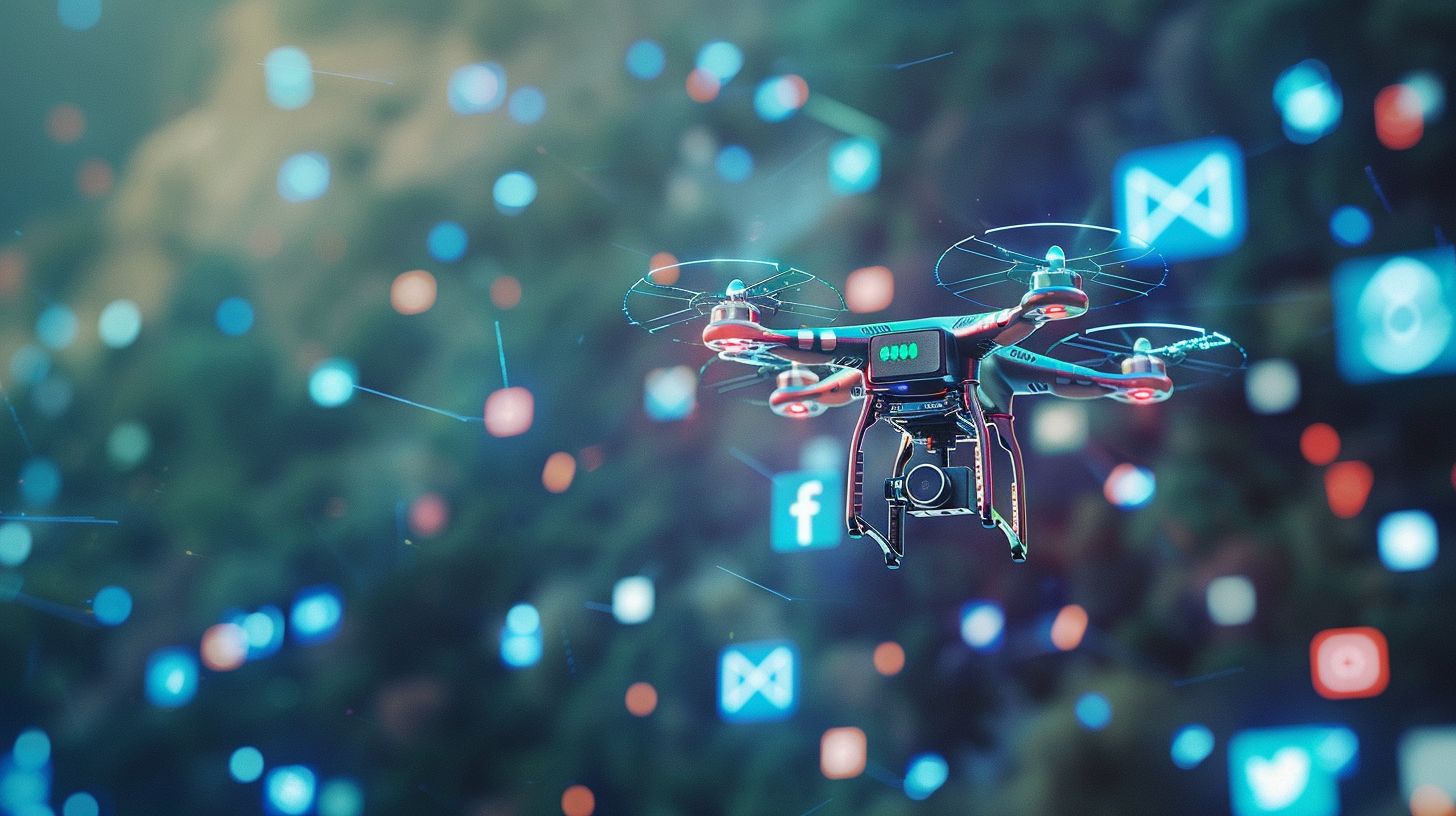 Social media icons floating in digital space, captured using aerial photography. Social media icons floating in digital space, captured using aerial photography.