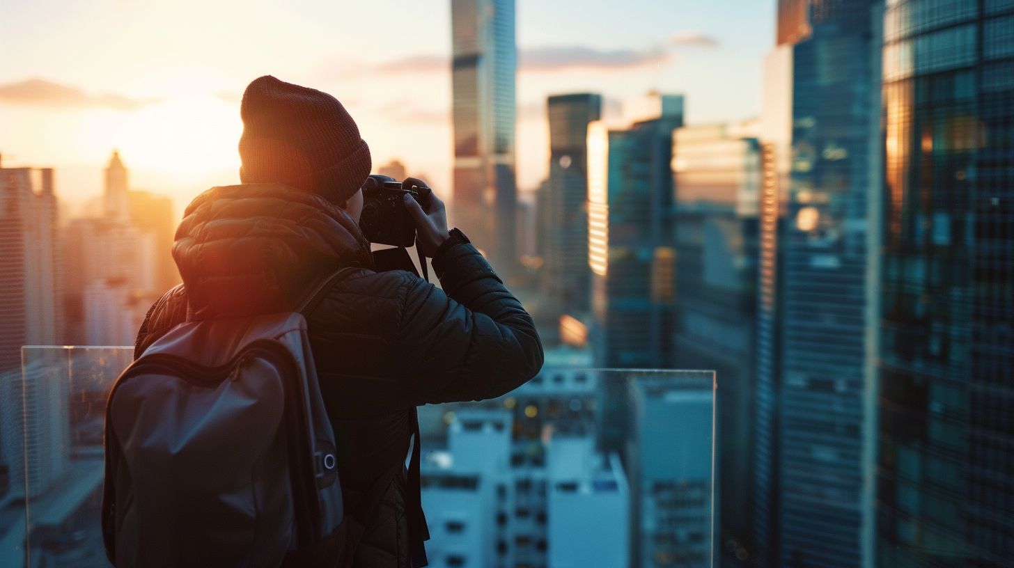 A person on a city rooftop analyzing social media data. A person on a city rooftop analyzing social media data.