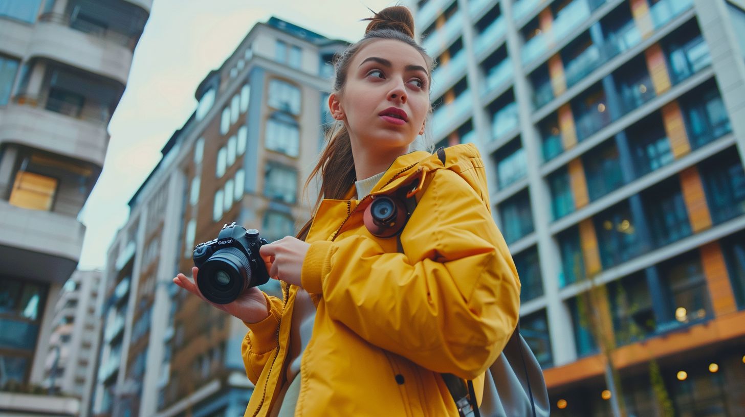 Social media influencer promoting a brand in urban setting with DSLR camera. Social media influencer promoting a brand in urban setting with DSLR camera.