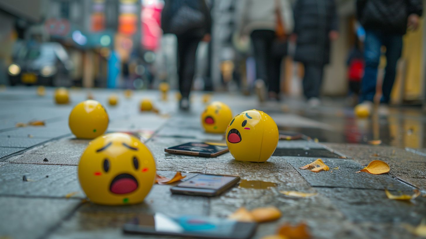 Abandoned smartphones on a sidewalk with frustrated emojis. Abandoned smartphones on a sidewalk with frustrated emojis.