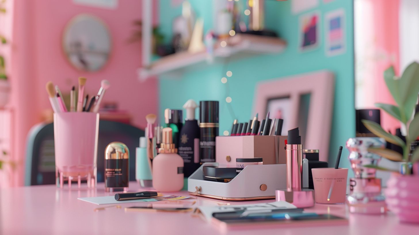 An influencer's organized desk with products captured using a tilt-shift lens. An influencer's organized desk with products captured using a tilt-shift lens.