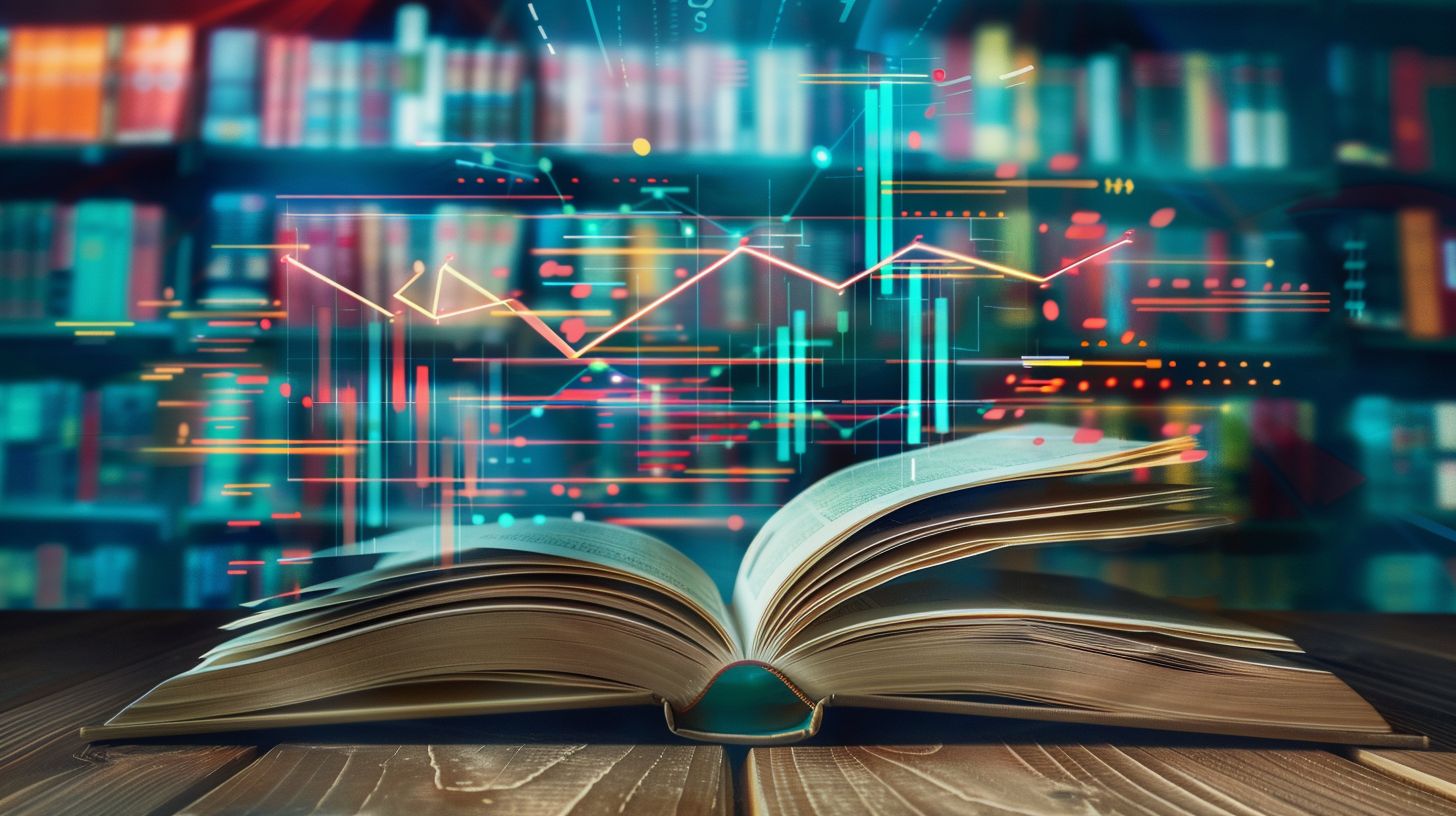 A book cover surrounded by open pages and a digital marketing graph.