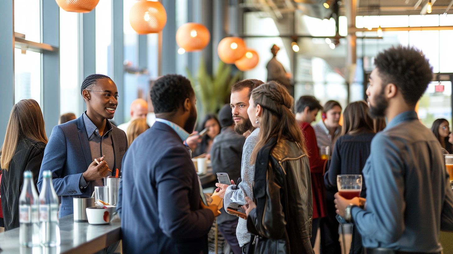 A group of people networking in a city landscape. A group of people networking in a city landscape.